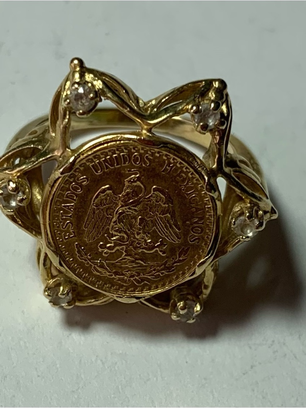 Vintage 14K Gold Mexican Dos Pesos Gold Coin Ring with Diamond Halo – Size 7, 7g